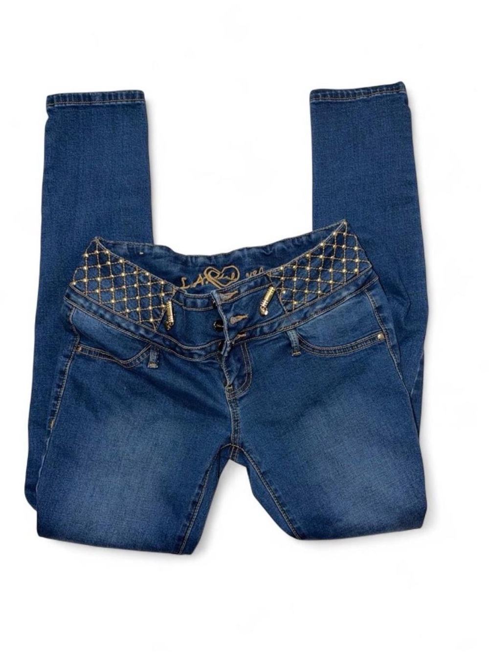 L.A. idol Dark Blue Skinny Jeans with Quilted Gold Waist